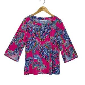 SUSAN GRAVER Large Liquid Knit Bright Colorful Paisley Print Boho Sleeve Tunic